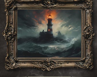 Vintage Lighthouse Seascape Art Print: Dark Academia Nautical Decor (Digital Download)