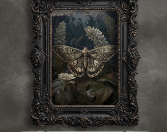 Lámina botánica Dark Moth: Decoración gótica cottagecore