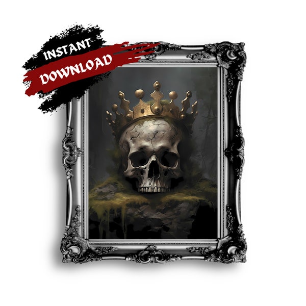 Dead King with Crown Dark Cottagecore Skull Printable Wall Art Decor Dark Academia Gothic Artwork Antique Oil Painting Macabre Print
