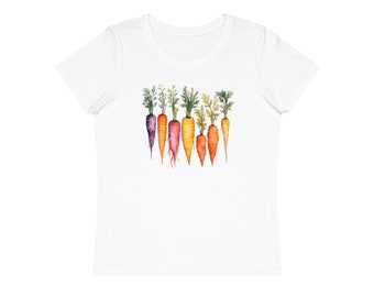 Wortelen biologisch katoen T-shirt, dames T-shirt, groenten op T-shirt, geschenk, biologisch katoen, kleurrijke wortelen