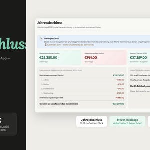 May include: A digital interface for tax preparation, featuring financial data and summaries. The screen displays figures in Euros, with sections for income, expenses, and tax returns. Text includes "Steuer & Jahresabschluss" and "Q1-Q4 Quartals-Voranmeldung."