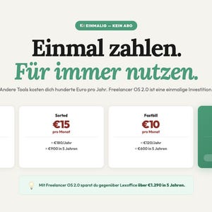 May include: A webpage with text and pricing information. The headline reads "Einmal zahlen. F&uuml;r immer nutzen." Four boxes display monthly costs in Euros: &euro;22, &euro;15, &euro;10, and &euro;29. The green box is labeled "BESTES ANGEBOT".