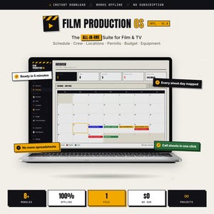 Könnte beinhalten: Ein Laptop-Bildschirm zeigt die Film Production OS-Oberfläche mit einer Kalenderübersicht, Projektmanagement-Modulen und Textbeschriftungen wie Ready in 5 minutes, Every shoot day mapped, No more spreadsheets und Call sheets in one click.