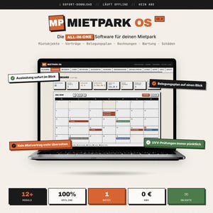May include: A laptop screen displays the Mietpark OS software interface, featuring a dashboard with a calendar, rental data, and management modules. Text overlays include 'Auslastung sofort im Blick', 'Belegungsplan auf einen Blick', 'Kein Mietvertrag mehr übersehen', and 'UVV-Prüfungen immer pünktlich'.