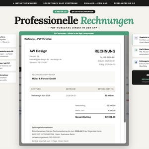 May include: A digital invoice displayed on a computer screen. The invoice includes details such as AW Design, Rechnung, and a total amount of &euro;2,380.00. The interface features options for instant download and direct PDF printing.
