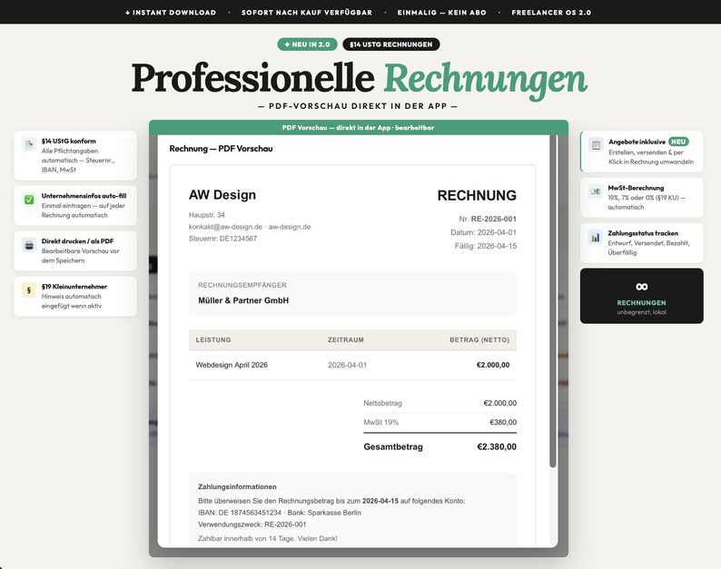 May include: A digital invoice displayed on a computer screen. The invoice includes details such as AW Design, Rechnung, and a total amount of &euro;2,380.00. The interface features options for instant download and direct PDF printing.