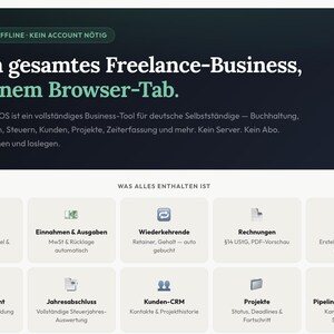 May include: A webpage interface with the text "Dein gesamtes Freelance-Business, in einem Browser-Tab." and a list of features including Dashboard, Invoices, and Projects. The interface is designed for freelancers.