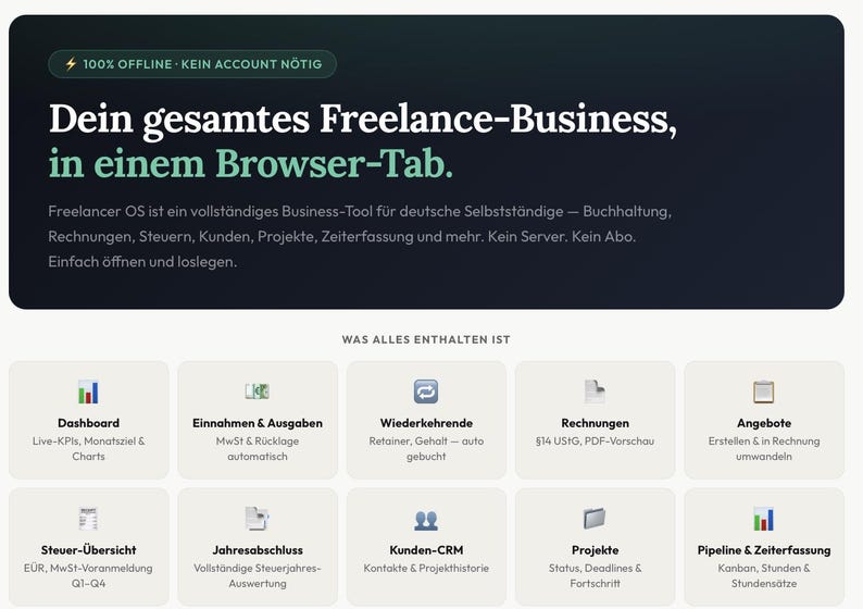 May include: A webpage interface with the text "Dein gesamtes Freelance-Business, in einem Browser-Tab." and a list of features including Dashboard, Invoices, and Projects. The interface is designed for freelancers.