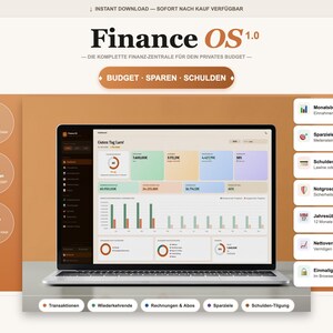 Könnte beinhalten: Ein Laptop mit einem Finanz-Dashboard mit Diagrammen und Grafiken. Der Bildschirm zeigt "Finance OS 1.0" und Optionen für Budgetierung, Sparen und Schuldenmanagement. Das Design ist modern mit einem klaren Layout. Datenvisualisierungen sind sichtbar.