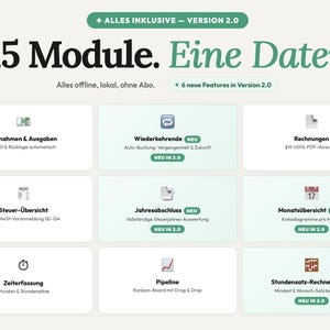May include: A digital interface with 15 modules, featuring a dashboard, income and expenses, and invoicing options. The text reads "15 Module. Eine Datei." and "Alles inklusive - Version 2.0."