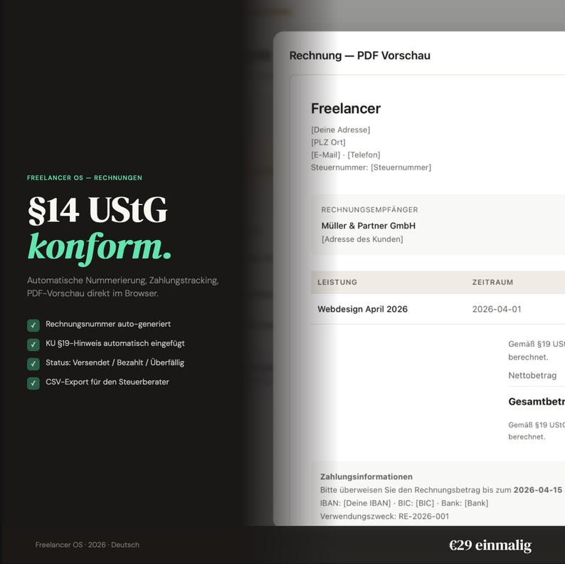 May include: A digital invoice preview with the text "Freelancer OS - Rechnungen" and "&sect;14 UStG konform." Features include automated numbering, tracking, and PDF preview. The invoice details include a service description, date, and payment information.