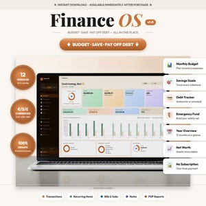 Könnte beinhalten: Ein Laptop-Bildschirm zeigt das Dashboard "Finance OS", ein Finanzmanagement-Tool. Die Oberfläche umfasst Bereiche für Budgetierung, Sparen und Schuldenverfolgung. Das Design ist sauber mit einem hellen Farbschema und verschiedenen Datenvisualisierungen.