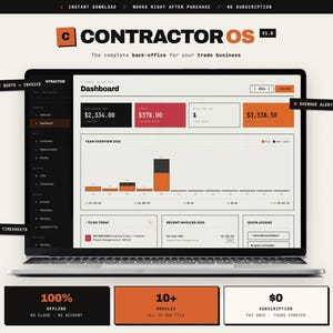Könnte beinhalten: Ein Laptop-Bildschirm zeigt die Dashboard-Oberfläche von Contractor OS v1.0. Die Software verfügt über ein dunkles Seitenmenü, einen weißen Hauptbereich mit Finanzdaten, ein Balkendiagramm sowie orange und rote Akzentfelder für Angebote und Warnungen.