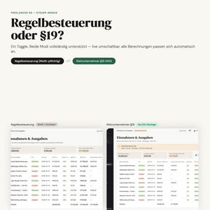 May include: A webpage screenshot with the text "Regelbesteuerung oder &sect;19?" in large, bold letters. Below, two sections display financial data, including income and expenses, with figures in Euros. The page is designed for freelancers.