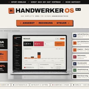 Könnte beinhalten: Ein Laptop mit der Softwareoberfläche "HANDWERKER OS". Der Bildschirm zeigt ein Dashboard mit Finanzdaten, Diagrammen und Menüoptionen. Die Software ist für die Werkstattverwaltung konzipiert, mit Funktionen für Rechnungen und Steuern.