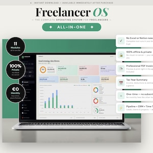 Könnte beinhalten: Ein Laptop-Bildschirm zeigt die "Freelancer OS"-Oberfläche, ein komplettes Betriebssystem für Freiberufler. Die Oberfläche zeigt Finanzdaten, Diagramme und Optionen für Rechnungen, Steuerübersichten und CRM. Das Design ist modern mit einem grünen und weißen Farbschema.