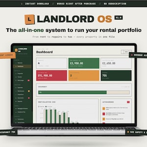 Puede incluir: Una pantalla de portátil que muestra el panel de control Landlord OS v1.0, un sistema integral para gestionar carteras de alquiler. La interfaz incluye una barra lateral verde oscuro, widgets de datos coloridos y gráficos de cobro.