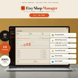 Könnte beinhalten: Ein Laptop-Bildschirm zeigt die Benutzeroberfläche des "Etsy Shop Manager"-Toolkits. Die Oberfläche zeigt Diagramme, Daten und Optionen für handgefertigte und digitale Verkäufer. Der Bildschirm zeigt auch den Text "No spreadsheets", "100% offline & private" und "Accountant-ready P&L".