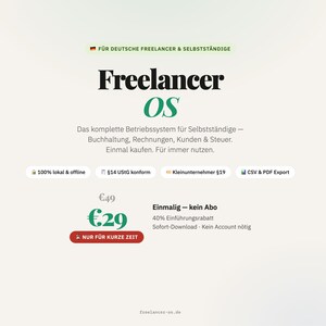 May include: A digital advertisement for Freelancer OS, a business management system for freelancers. The text includes "Freelancer OS" in large font, with details about accounting, invoicing, and customer management. The price is listed as &euro;29, with a limited-time offer.