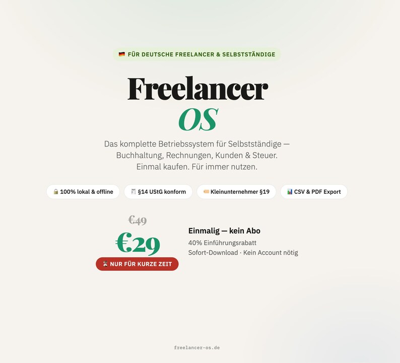 May include: A digital advertisement for Freelancer OS, a business management system for freelancers. The text includes "Freelancer OS" in large font, with details about accounting, invoicing, and customer management. The price is listed as &euro;29, with a limited-time offer.