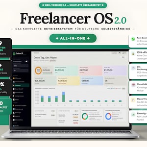 May include: A laptop displaying the Freelancer OS 2.0 software interface. The screen shows a dashboard with financial data, charts, and graphs. Text includes "ALL-IN-ONE" and features like "100% local" and "15+ modules."