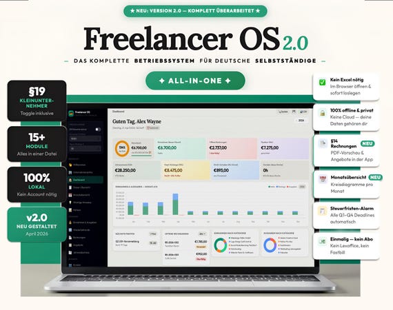 Freelancer OS PRO 2.0 Deutschland | All-in-One Freelancer Tool für Buchhaltung, Rechnungen, Steuern & Projekte | Sofort-Download