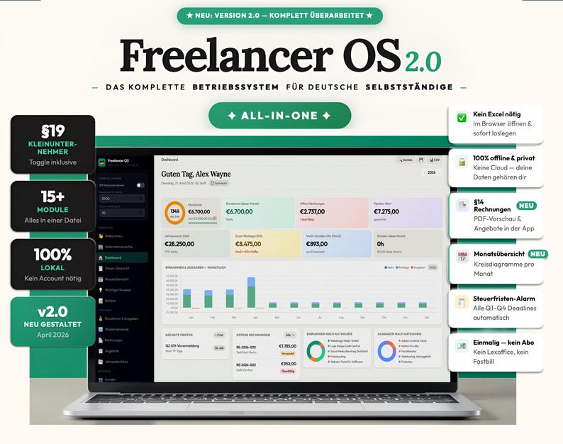 May include: A laptop displaying the Freelancer OS 2.0 software interface. The screen shows a dashboard with financial data, charts, and graphs. Text includes "ALL-IN-ONE" and features like "100% local" and "15+ modules."