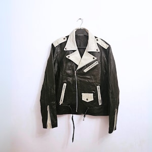 Men&#39;s leather jacket genuine leather biker style slim fit jacket - punk style 80s black with off white/bone detail.
