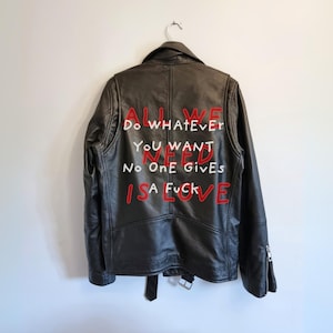 Men&#39;s leather jacket black leather biker style with graffiti , quality genuine leather slim fitting classic jacket, custom design
