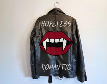 Black leather jacket, quality genuine leather slim fitting biker jacket, custom design hopeless romantic artwork, great leather gift