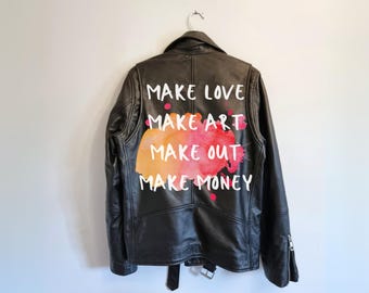 Design your own jacket, Black unisex quality genuine leather biker jacket with your custom design handcrafted and sealed.
