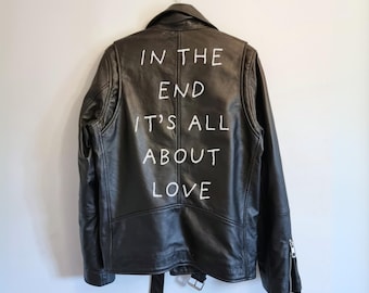 leather jacket mens black leather biker jacket slim fit, quality genuine leather jacket, custom text on back &#39;in the end it&#39;s al about love