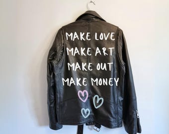 Black leather moto jacket, quality genuine leather classic biker jacket, Brando style leather jacket with inspirational quote.