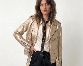 Metallic goudkleurige leren bikerjack | Handgemaakte motorjas voor dames | Echt leer | Festivalcadeau VK