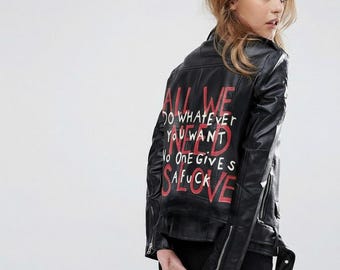 Hand Painted Leather Biker for Women – Genuine Rock & Roll Moto, Custom Punk Design