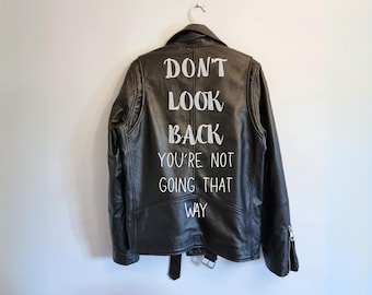 Men&#39;s leather jacket, black real leather biker jacket, quality genuine leather slim fitting classic jacket, inspirational quote on back.