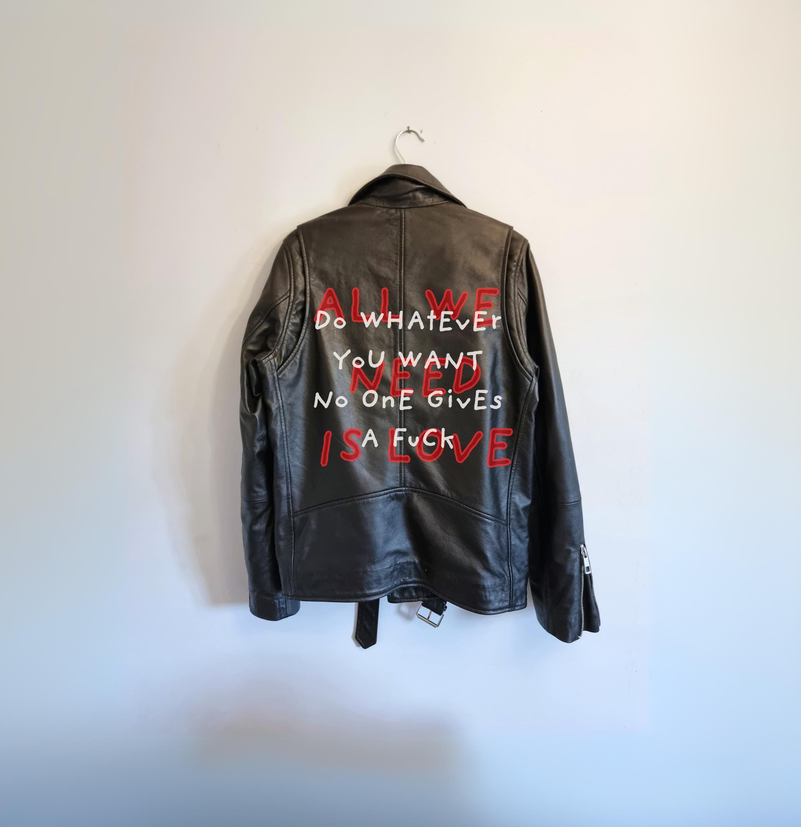 Men's leather jacket black leather biker style with graffiti , quality genuine leather slim fitting classic jacket, custom design