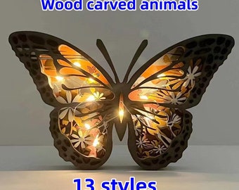 16 Styles 3D Wood Carved Butterfly Wolf Sloth Desk Decoration With Light, Wooden Forest Animals Crafts Home Decors/ Desktop Ornaments Gifts