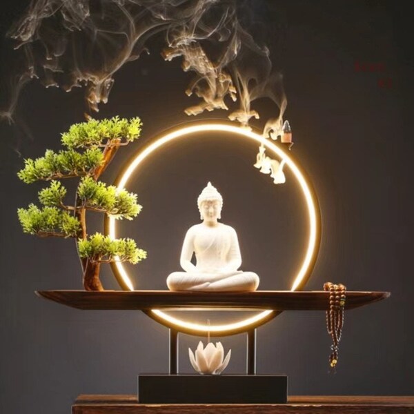 One Kit Ceramic Gautama Sakyamuni Buddha Statue Decorative Set with LED light/ Porcelain Buddha Statues/ Meditation Art Home Decors Ornament