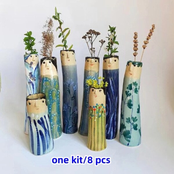 Ein Kit / 8 Stück Boho Stil Frühling Familie Gesicht Vasen Knospe Vase Ornament Trockenblumenvase Familie Knospe Vasen, Harz Vase, Dekorationen