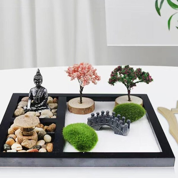 Zen Garden Kits with Buddha Statue Rake Tools for Table Desk / Meditation Accessories/ Zen Gardens Sets Decors Crafts for Office Gifts Home