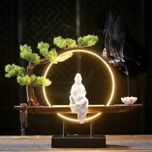 One Kit Ceramic avalokitesvara Guan Yin Buddha Statue Set with LED light/ Porcelain Meditation Buddha Incense Burner Home Decors Ornaments