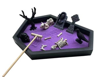 Large Coffin Zen Garden Graveyard / Halloween Theme Skull Spooky Zen Garden Kit with Rake Tools for Table Desk / Meditation Sets Decors