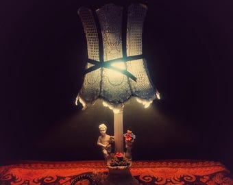 Gothic Corset Crochet Lampshade – Vintage Boudoir Lamp, Black & White Victorian Style, Romantic Baroque Lighting Decor - VICTORIA