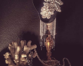 Petite Gothic art Deco ' Mini clip~on handmade lampshade black velvet and silver embroidery~ dark Decor Vintage Style Lamp ~ EDERA