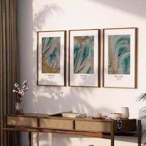 May include: Three framed abstract art prints with a green and gold color scheme. The prints are titled "Ingleborough", "Wherside", and "Plyn-y-ghent".
