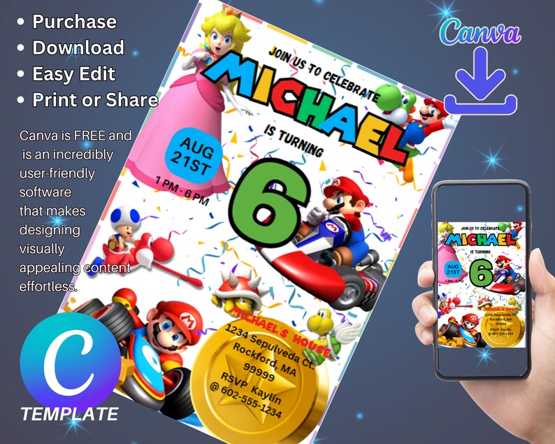 Buy Editable Birthday Invitation Super Mario Digital Download Birthday ...
