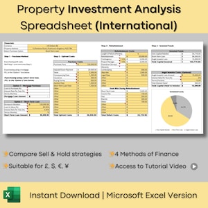 May include: A yellow and gray infographic with the title "Property Investment Analysis Spreadsheet (International)". The infographic includes a pie chart showing the breakdown of invested funds. The text "Compare Sell & Hold strategies" and "Suitable for £, $, €, ¥" is displayed below the infographic. The text "4 Methods of Finance" and "Access to Tutorial Video" is displayed below the infographic. The text "Instant Download | Microsoft Excel Version" is displayed at the bottom of the infographic.