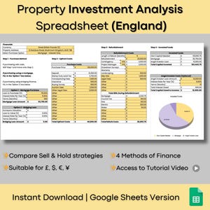 Planilha de Análise de Investimento Imobiliário em Amarelo (Inglaterra): HMO, BRRR (Google Sheets)