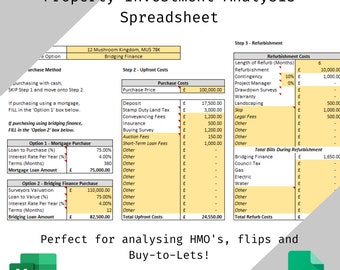 V1.0 The Ultimate UK Property Investment Analysis Spreadsheet | HMO, Buy-to-Let, Flips | ROI Calculator | Microsoft Excel & Google Sheets